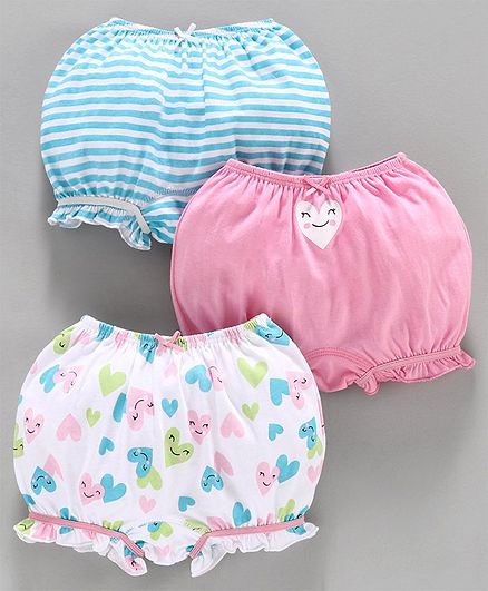 Babyoye Cotton Bloomers Heart Print Pack of 3 - Blue Pink White