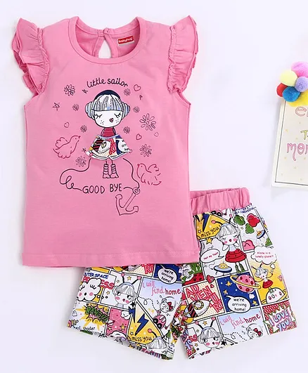 Babyhug Flutter Sleeves Night Suit Girl Print - Pink
