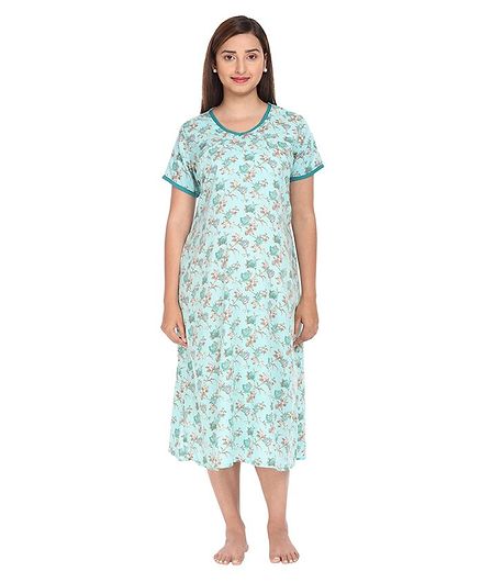 Morph Maternity Floral Print Half Sleeves Nursing Night Gown - Sea Green