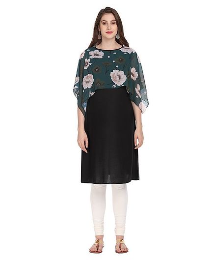 Morph Maternity Flower Print Half Sleeves Cape Style Nursing Kurta - Green & Black