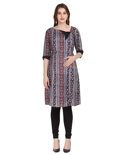 Morph Maternity Printed Three Fourth Sleeves Feeding Kurti - Blue