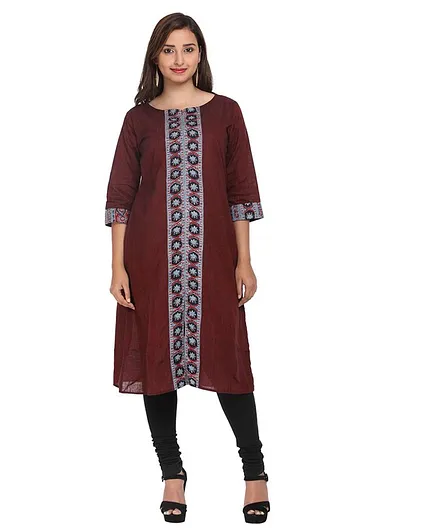 Morph Maternity Ajrak Border Detailed Three Fourth Sleeves Nursing Kurta - Maroon