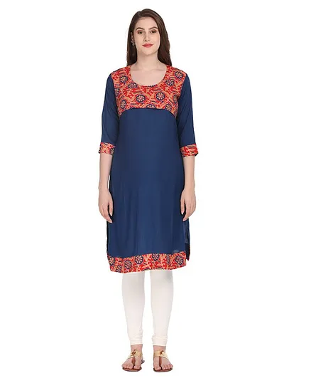 Morph Flower Printed Three Fourth Sleeves Maternity Kurta - Blue