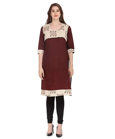 Morph Floral Printed Three Fourth Sleeves Maternity Kurta - Maroon