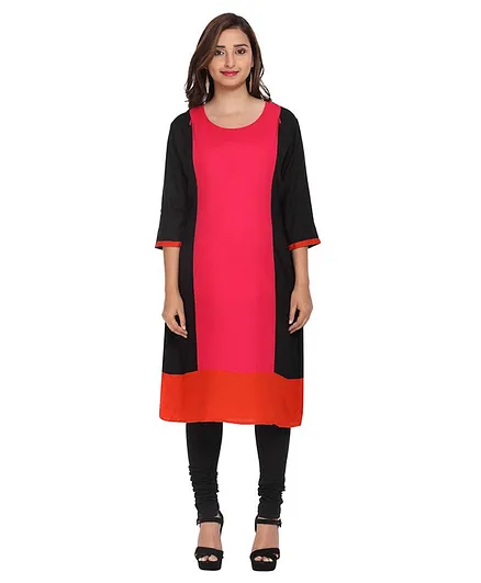 Morph Maternity Colour Block Three Fourth Sleeves Maternity Kurti - Pink