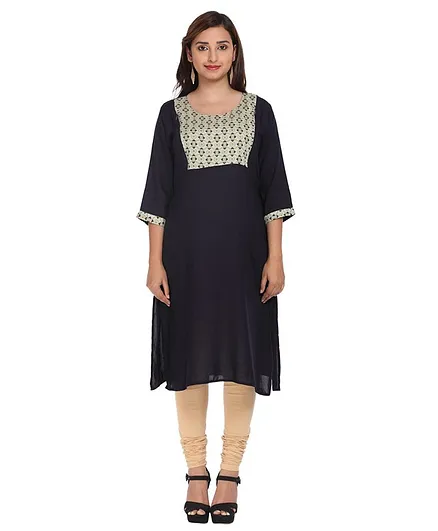Morph Floral Printed Three Fourth Sleeves Maternity Kurta - Navy Blue