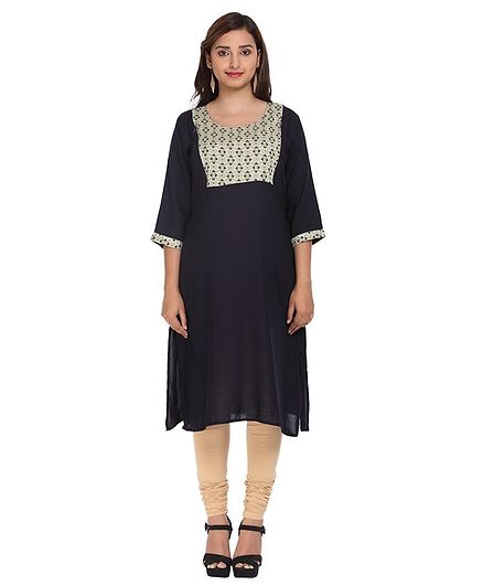Morph Floral Printed Three Fourth Sleeves Maternity Kurta - Navy Blue