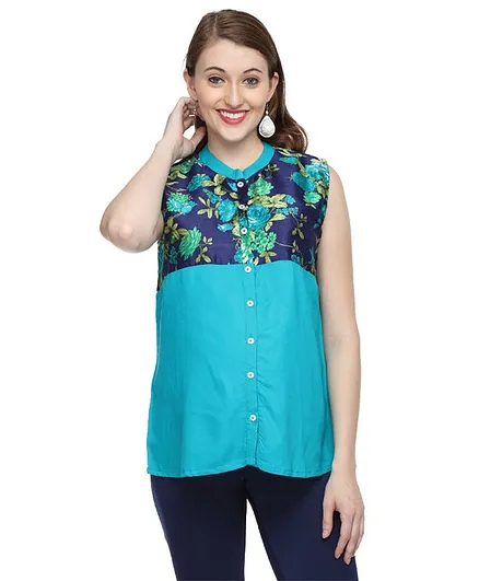 Morph Maternity Sleeveless Flower Print Button Down Tunic - Blue
