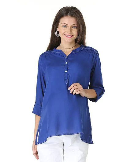 Morph Maternity Three Fourth Sleeves Solid Button Down Tunic - Blue