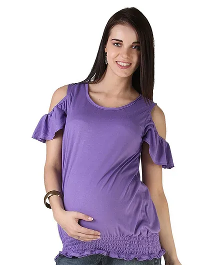 Morph Maternity Short Sleeves Solid Cold Shoulder Top - Purple