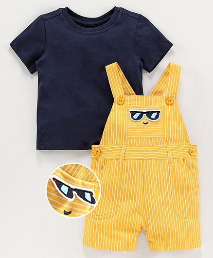 Babyoye Cotton Striped Dungaree with Half Sleeves Inner Tee 3D Glass Design - Yellow Blue