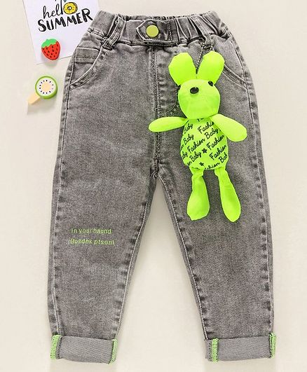 Kookie Kids Full Length Denim Jeans With Attached Plush Neon Bunny - Grey