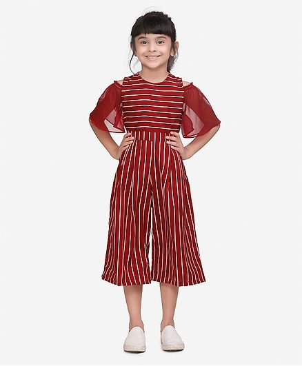 Lilpicks Couture Striped Cold Shoulder Half Sleeves Flared Jumpsuit - Maroon
