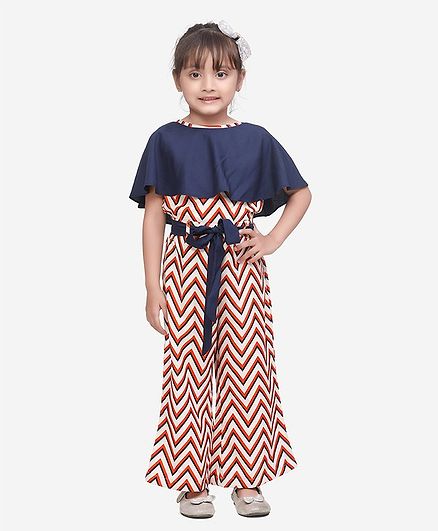 Lilpicks Couture Chevron Print Half Sleeves Jumpsuit - Blue & Off White