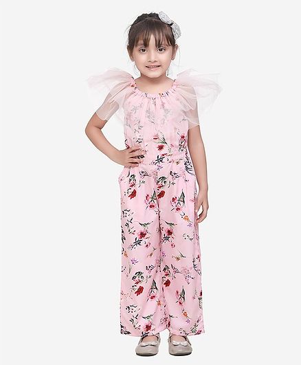 Lilpicks Couture Floral Print Frill Half Sleeves Jumpsuit - Pink