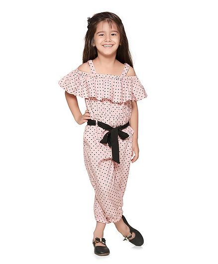 Lilpicks Couture Short Sleeves Cold Shoulder Polka Dot Print Jumpsuit - Pink