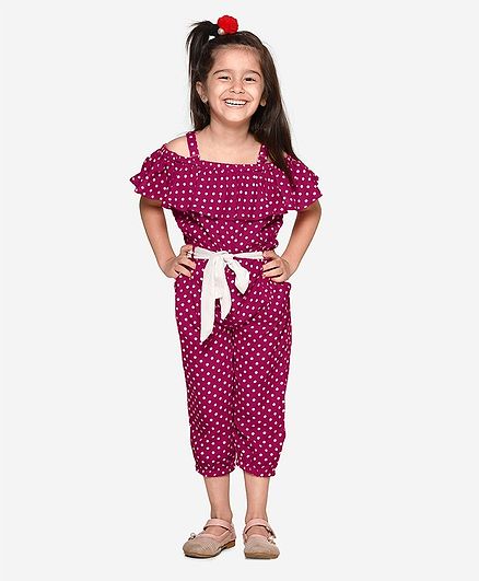 Lilpicks Couture Short Sleeves Cold Shoulder Polka Dot Print Jumpsuit - Dark Purple
