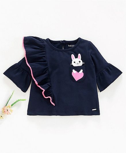 Babyoye 3/4th Sleeves Pom Pom Lace Ruffled Top Bunny Print - Navy Blue