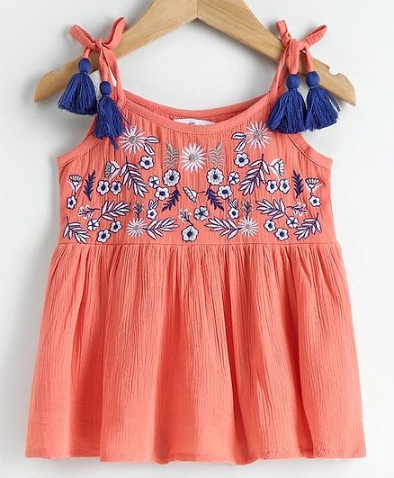 Babyoye Cotton Singlet Neck Top Floral Embroidered - Peach