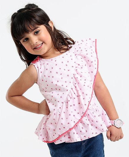 Babyoye Cotton Sleeveless Top Butterfly Print - White Pink