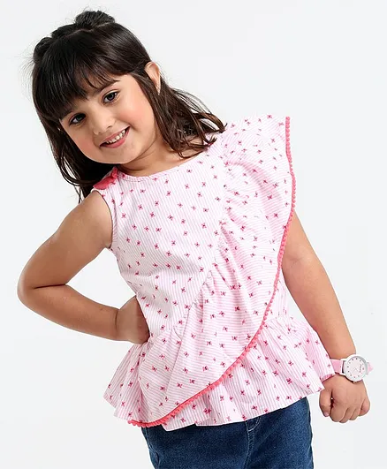 Babyoye Cotton Sleeveless Top Butterfly Print - White Pink