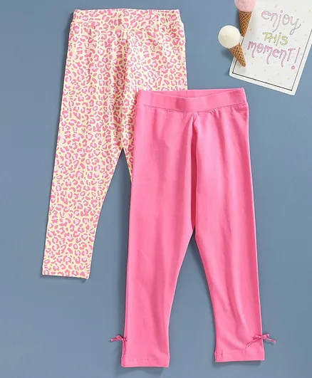 Babyhug Full Length Printed & Solid Leggings Pack of 2 - Pink Yellow