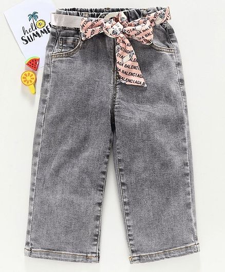 Kookie Kids Full Length Straight Fit Denim Pant With Fabric Belt - Grey
