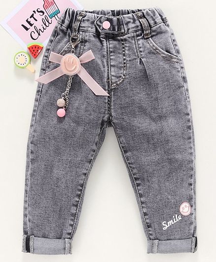Kookie Kids Full Length Jeans With Clip On Smiley Accessory - Grey