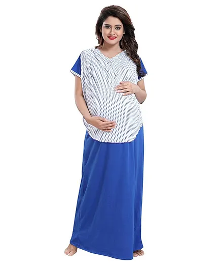 Fabme Half Sleeves Polka Dot Print Detailing Maternity Nighty - Blue
