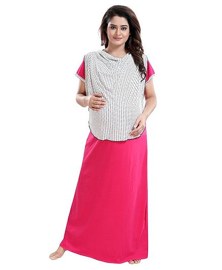 Fabme Half Sleeves Polka Dot Print Detailing Maternity Nighty - Pink