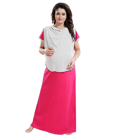 Fabme Half Sleeves Polka Dot Print Detailing Maternity Nighty - Pink