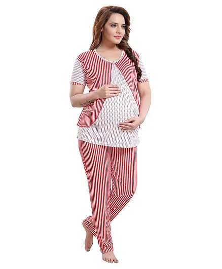 Fabme Half Sleeves Striped Maternity Night Suit - Red