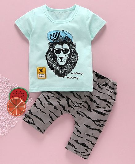 Kookie Kids Half Sleeves Tee And Lounge Pant Lion Print - Light Blue & Grey