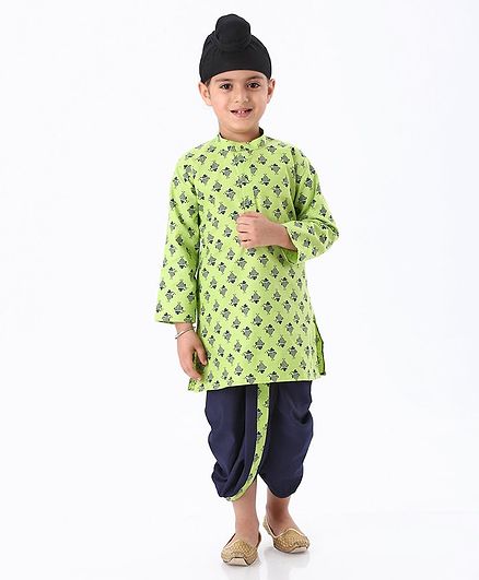 Babyhug Full Sleeves Cotton Kurta With Dhoti Fish Print - Green Navy