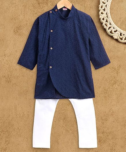 Babyhug Full Sleeves Embroidered Kurta Pyjama Set - Blue White
