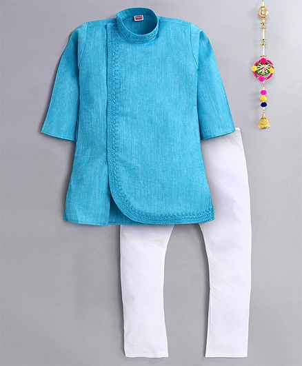 Babyhug Full Sleeves Solid Kurta Pajama Set Embroidered - Blue White