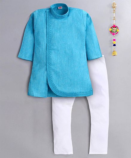 Babyhug Full Sleeves Solid Kurta Pajama Set Embroidered - Blue White