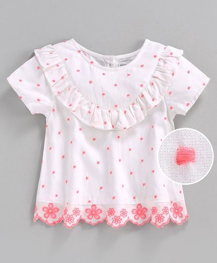 Babyoye Cotton Short Sleeves Top Floral Embroidery - White
