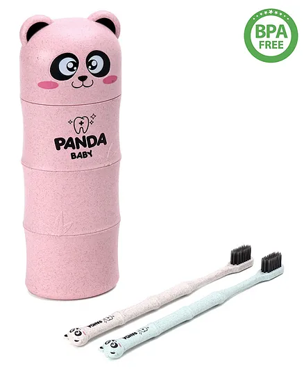 Panda Design Set Of 2 Toothbrush With Box - Pink