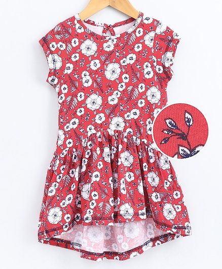 Kiddopanti Short Sleeves Flower Printed High Low Dress - Red