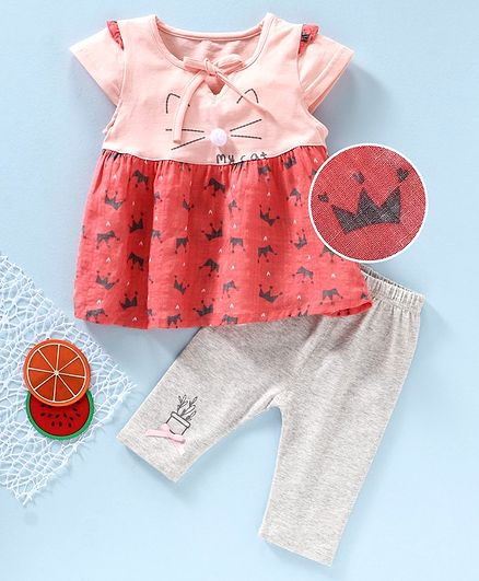 Kookie Kids Short Sleeves Frock With Leggings Crown Print - Pink Grey