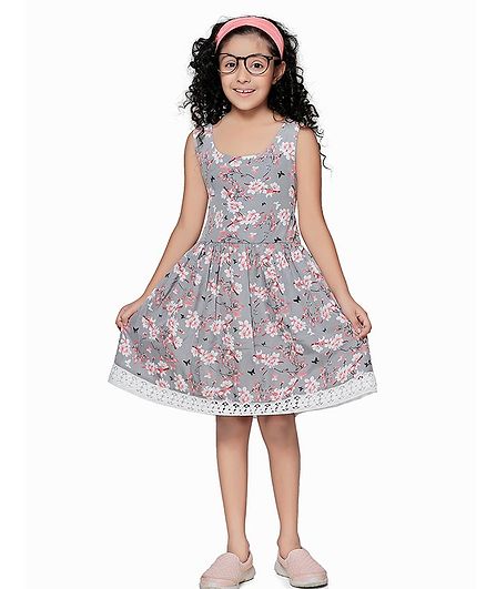 Cutiekins Back Bow Tie Floral Printed Mini Sleeveless Dress - Grey