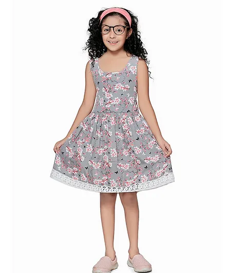 Cutiekins Back Bow Tie Floral Printed Mini Sleeveless Dress - Grey