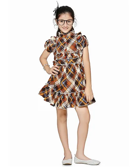 Cutiekins Check Ruffled Short Sleeves Dress - Brown