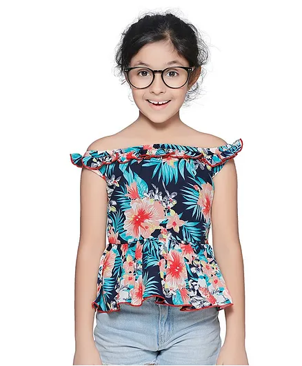 Cutiekins Off Shoulder Cap Sleeves Floral Print Top - Blue