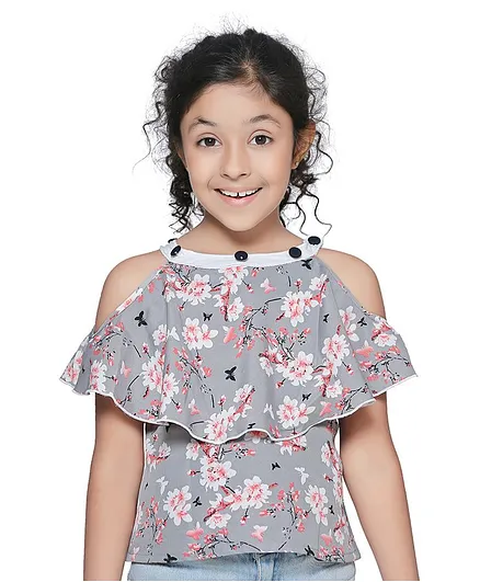 Cutiekins Half Sleeves Floral Print Cold Shoulder Top - Grey