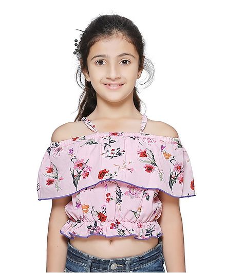 Cutiekins Half Sleeves Peplum Style Flower Print Top - Light Pink