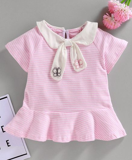 Kookie Kids Short Sleeves Striped Frock Butterfly Embroidered - Pink