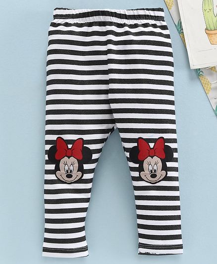 Disney by Babyhug Full Length Stripe Leggings Minnie Mouse Patch - Black White