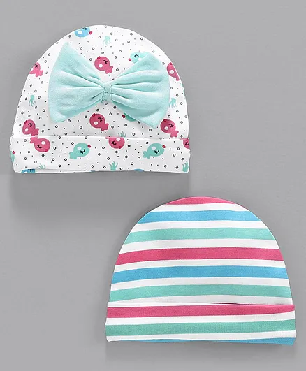 Babyhug 100% Cotton Printed & Striped Cap Pack of 2 - Green Multicolor